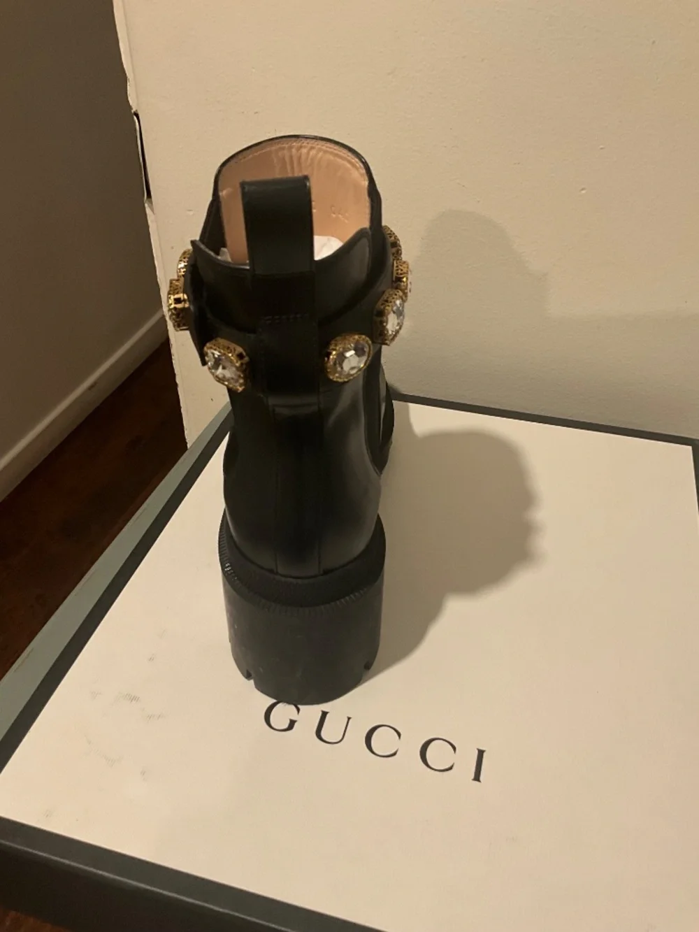 Authentic Gucci women’s boot with square jewel
